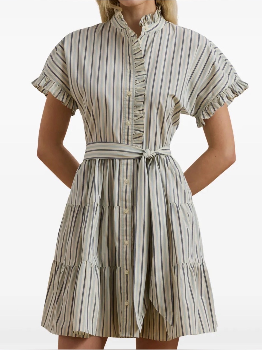 Lauren Ralph Lauren Striped Cotton Ruffle Tiered Shirtdress Blue White 16 NWT